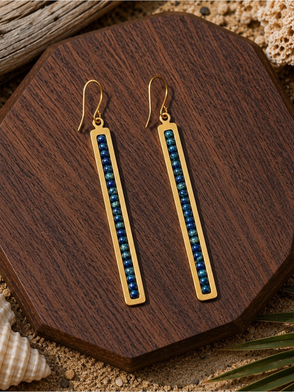 Gold-Tone Long Bar Earrings with Blue Bead Inlay